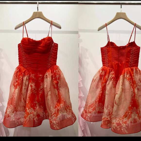 Zimmermann Red Mini Dress Floral Jacquard Fit Flare Size 1 (US 4 - Picture 2 of 8